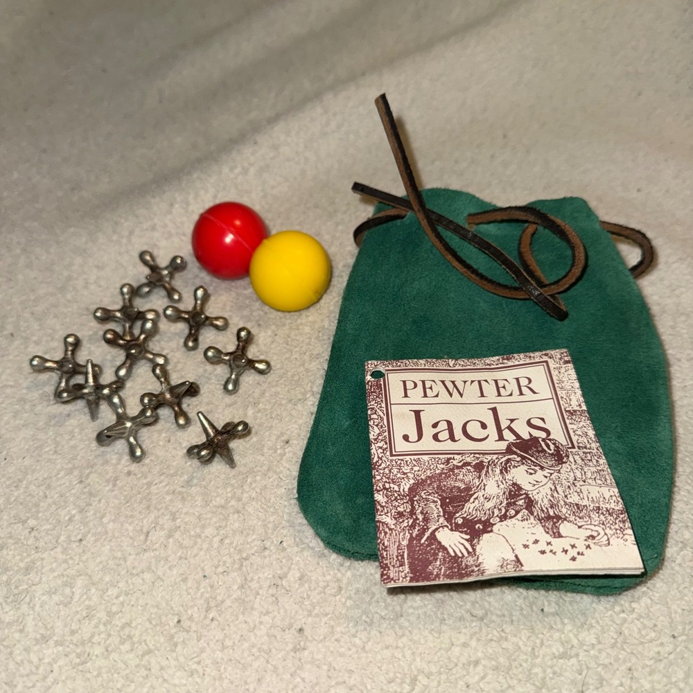 Cooperman Pewter Jacks Game 10 Jacks Green Suede Pouch Instructions USA Made